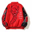 画像4: leather sleeve high street saint hot stuff little devil embroidered  stadium jacket baseball uniform jacket blouson  ユニセックス 男女兼用デビル刺繍スタジアムジャンパー スタジャン MA-1 ボンバー ジャケット ブルゾン (4)