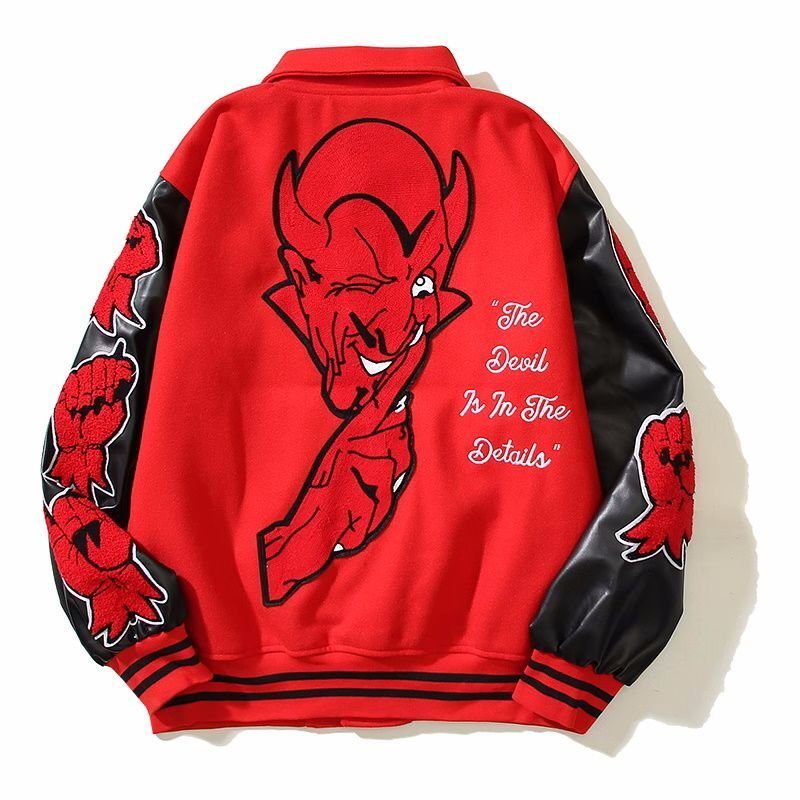 画像4: leather sleeve high street saint hot stuff little devil embroidered  stadium jacket baseball uniform jacket blouson  ユニセックス 男女兼用 リトルデビル 刺繍スタジアムジャンパー スタジャン MA-1 ボンバー ジャケット ブルゾン (4)