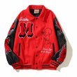 画像2: leather sleeve high street saint hot stuff little devil embroidered  stadium jacket baseball uniform jacket blouson  ユニセックス 男女兼用デビル刺繍スタジアムジャンパー スタジャン MA-1 ボンバー ジャケット ブルゾン (2)