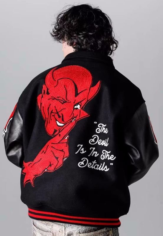 画像6: leather sleeve high street saint hot stuff little devil embroidered  stadium jacket baseball uniform jacket blouson  ユニセックス 男女兼用 リトルデビル 刺繍スタジアムジャンパー スタジャン MA-1 ボンバー ジャケット ブルゾン (6)