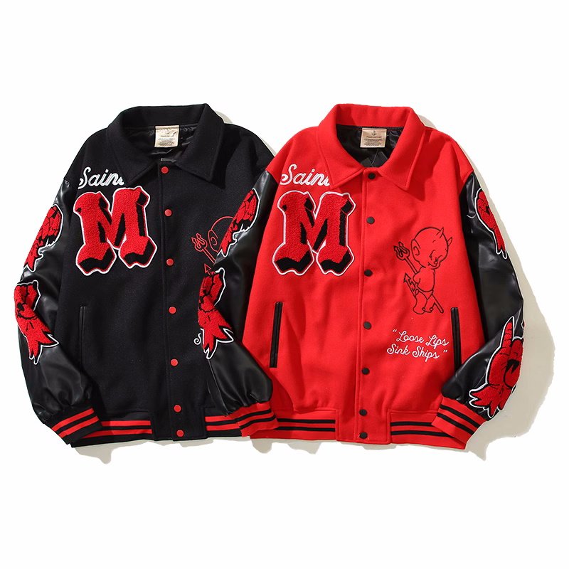 画像7: leather sleeve high street saint hot stuff little devil embroidered  stadium jacket baseball uniform jacket blouson  ユニセックス 男女兼用 リトルデビル 刺繍スタジアムジャンパー スタジャン MA-1 ボンバー ジャケット ブルゾン (7)