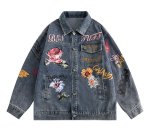 画像1: flower printing washed old denim jacket Denim G Jean jacket blouson  ユニセックス 男女兼用フラワープリントデニムGジャンジャンパー MA-1 ボンバー ジャケット ブルゾン (1)