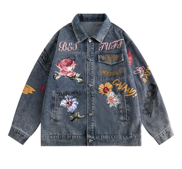 画像1: flower printing washed old denim jacket Denim G Jean jacket blouson  ユニセックス 男女兼用フラワープリントデニムGジャンジャンパー MA-1 ボンバー ジャケット ブルゾン (1)