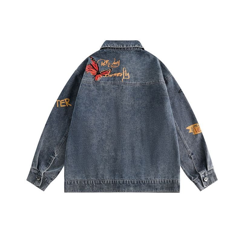 画像2: flower printing washed old denim jacket Denim G Jean jacket blouson  ユニセックス 男女兼用フラワープリントデニムGジャンジャンパー MA-1 ボンバー ジャケット ブルゾン (2)