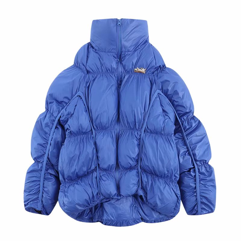 ジャケット・アウター rinmuguet frill ribbon down jacket Irregular split pleated stand-up collar down jacket coat