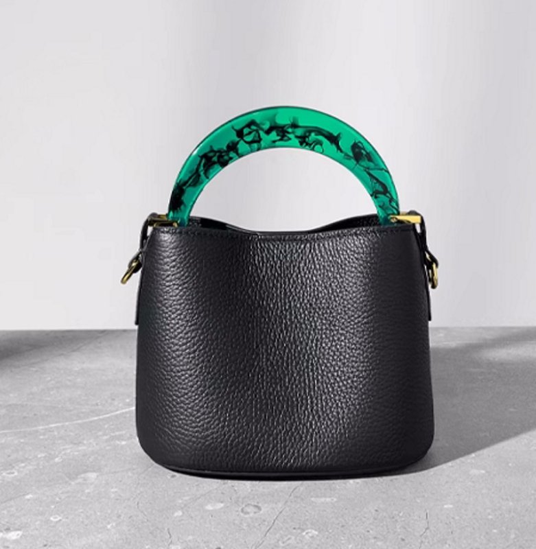 画像11: Marble Plastic Handle Leather Bucket Tote Shoulder Bag Handbag  マーブルハンドルバケットトートショルダーバッグ (11)