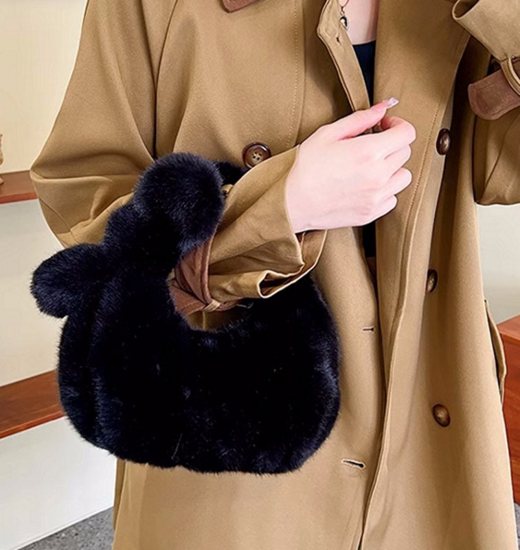 画像9: pleated ribbon fur tote bag Handbag  リボン付きファープリーツミニトートバッグアンダーアームバッグ (9)