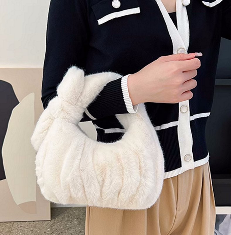 画像10: pleated ribbon fur tote bag Handbag  リボン付きファープリーツミニトートバッグアンダーアームバッグ (10)
