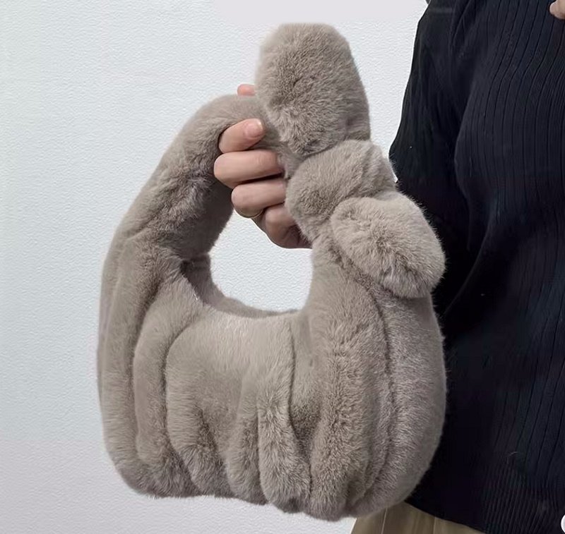 画像7: pleated ribbon fur tote bag Handbag  リボン付きファープリーツミニトートバッグアンダーアームバッグ (7)