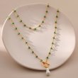 画像7: green crystal beaded long multi-layer chain copper gold necklace グリーンクリスタルビーズ＆パールロング ネックレスシェルビーズネックレス (7)