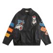 画像1: unisex big bat wolf embroidery leather jacket uniformsletter  baseball jacket stadium jacket  ユニセックス 男女兼用ビッグバットウルフ刺繍スタジアムジャンパー スタジャン MA-1 ボンバー ジャケット ブルゾン (1)