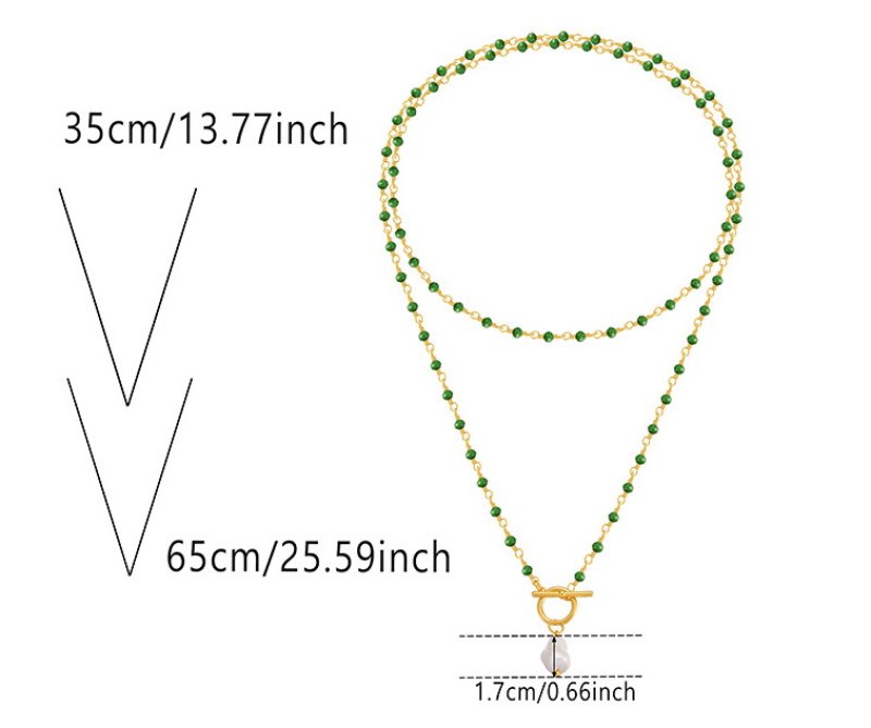画像9: green crystal beaded long multi-layer chain copper gold necklace グリーンクリスタルビーズ＆パールロング ネックレスシェルビーズネックレス (9)