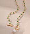 画像8: green crystal beaded long multi-layer chain copper gold necklace グリーンクリスタルビーズ＆パールロング ネックレスシェルビーズネックレス (8)
