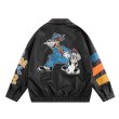 画像2: unisex big bat wolf embroidery leather jacket uniformsletter  baseball jacket stadium jacket  ユニセックス 男女兼用ビッグバットウルフ刺繍スタジアムジャンパー スタジャン MA-1 ボンバー ジャケット ブルゾン (2)