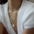 画像1: green crystal beaded long multi-layer chain copper gold necklace グリーンクリスタルビーズ＆パールロング ネックレスシェルビーズネックレス (1)