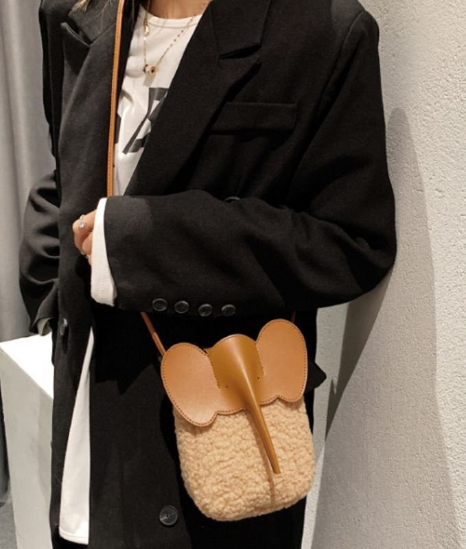 画像5: Lambswool & Leather Elephant shoulder mini bag Handbag  ラムウール&レザーエレファント ショルダーミニバッグ斜め掛けバッグ (5)