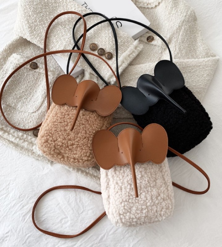 画像4: Lambswool & Leather Elephant shoulder mini bag Handbag  ラムウール&レザーエレファント ショルダーミニバッグ斜め掛けバッグ (4)