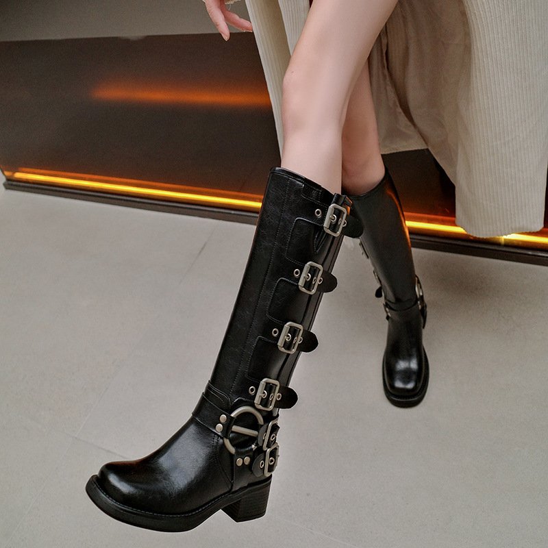 画像5: Woman's Belt buckle thick heel Western Cowboy European long boots ベルトバックルプラットフォームウエスタンレザーロングブーツ (5)