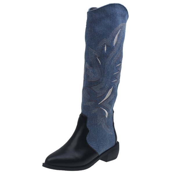 画像1: Woman's Denim & Leather Western Cowboy  Long Boots Ladies French High Heel Boots　デニム＆レザーウエスタンロングヒールブーツ (1)