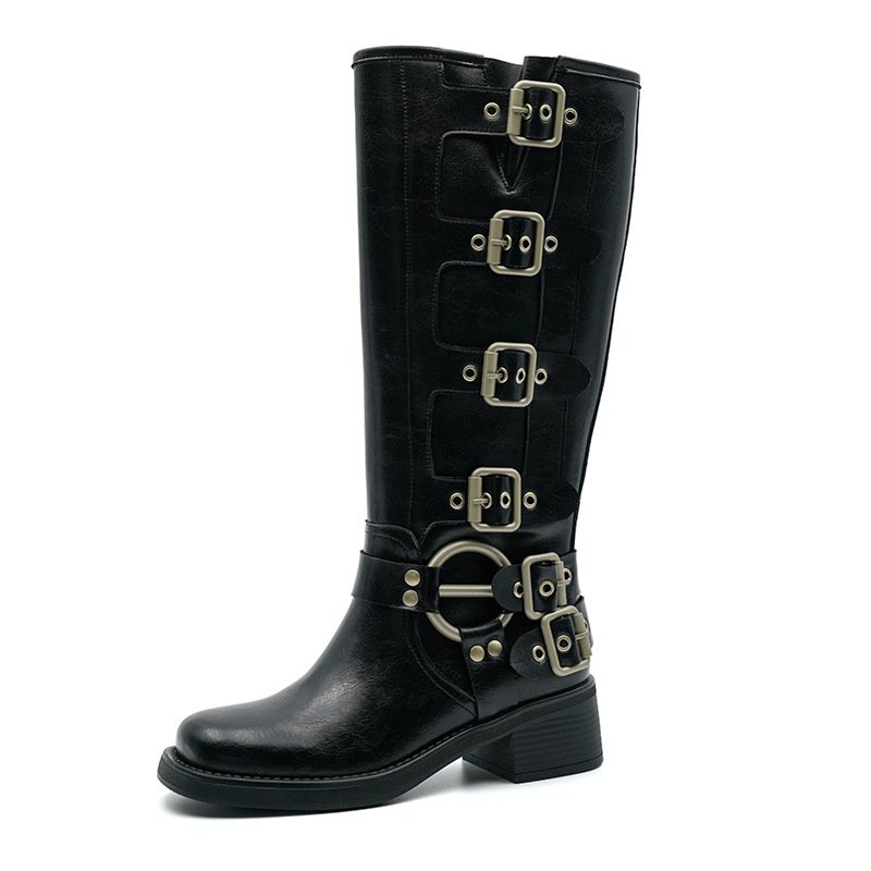 画像2: Woman's Belt buckle thick heel Western Cowboy European long boots ベルトバックルプラットフォームウエスタンレザーロングブーツ (2)
