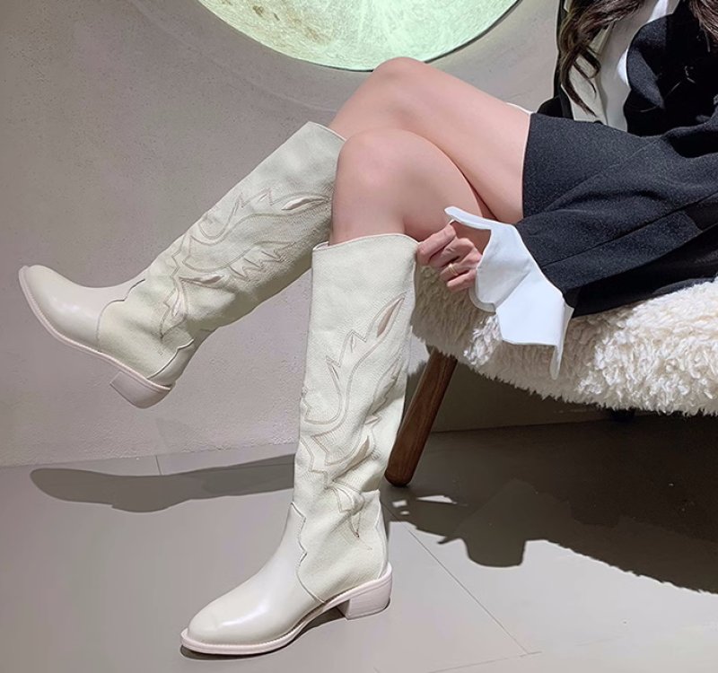 画像5: Woman's Denim & Leather Western Cowboy  Long Boots Ladies French High Heel Boots　デニム＆レザーウエスタンロングヒールブーツ (5)