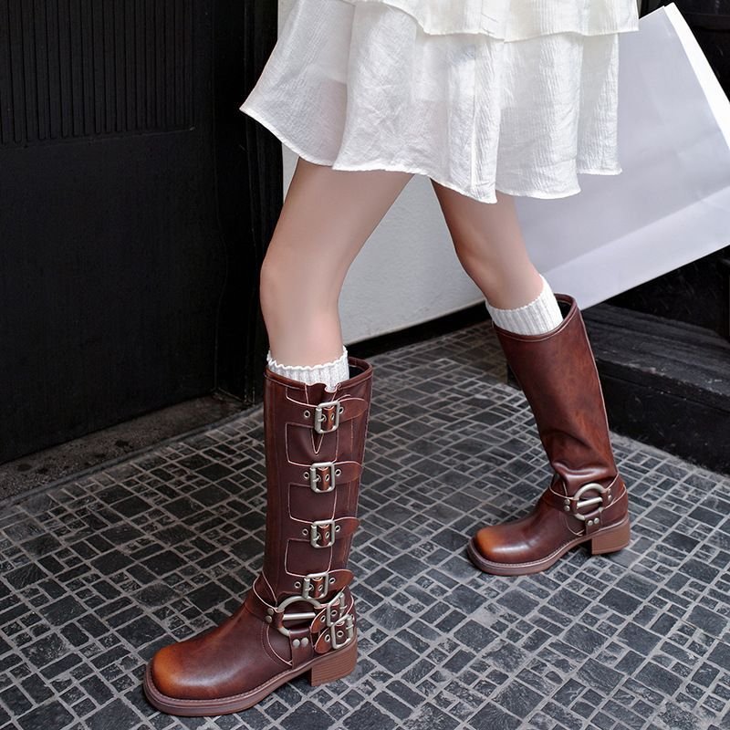 画像4: Woman's Belt buckle thick heel Western Cowboy European long boots ベルトバックルプラットフォームウエスタンレザーロングブーツ (4)