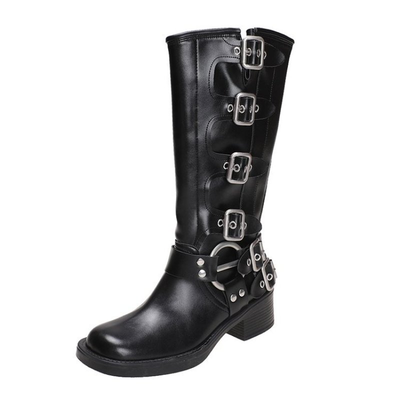 画像6: Woman's Belt buckle thick heel Western Cowboy European long boots ベルトバックルプラットフォームウエスタンレザーロングブーツ (6)