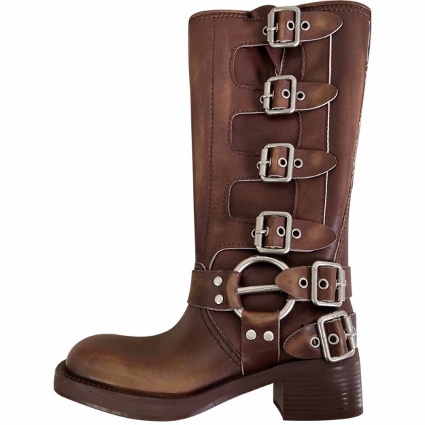 画像1: Woman's Belt buckle thick heel Western Cowboy European long boots　ベルトバックルプラットフォームウエスタンレザーロングブーツ (1)