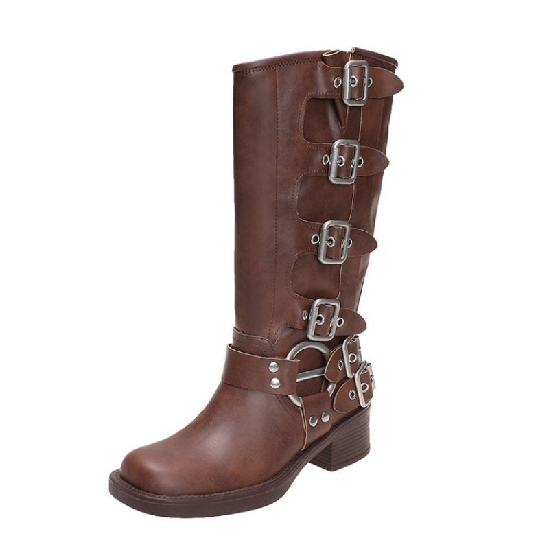 画像7: Woman's Belt buckle thick heel Western Cowboy European long boots ベルトバックルプラットフォームウエスタンレザーロングブーツ (7)