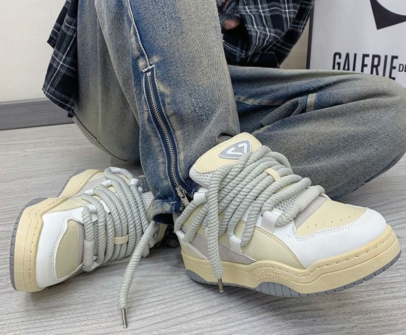 画像6: UnisexHigh Cut Leather Lace Up Leather Bicolor Sneakers Bread Shoes  ユニセックス ハイカットレザーレースアップバイカラー厚底スニーカーブレッドシューズ (6)