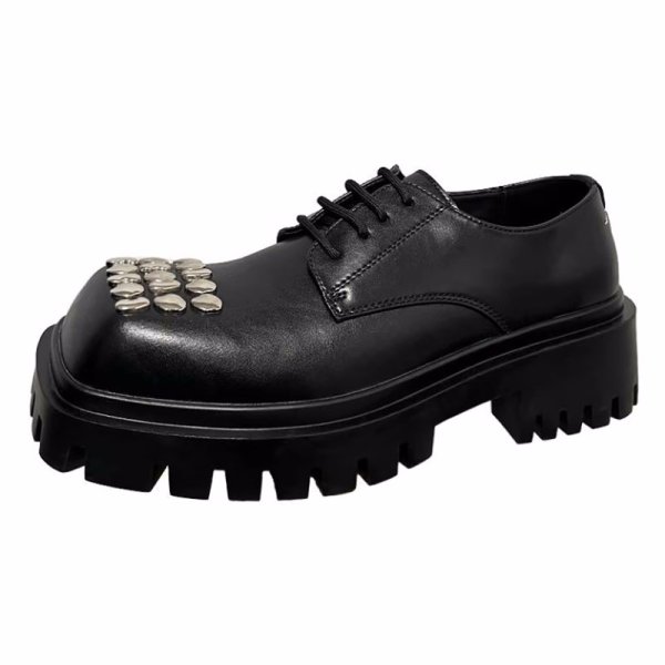 画像1: Lace-up platform Square Toe Thick Sole to Increase Personality, Derby Shoes LEATHER SLIP-ONS loafers   男女兼用メンズレザーレースアップ厚底プラットフォームスタッズ付き ローファースリッポン シューズ (1)