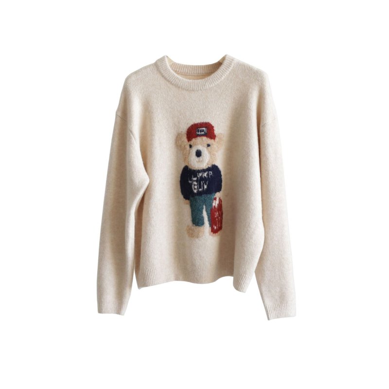 画像5: shopping bear braid crew neck round neck sweater ユニセックス男女兼用 ショッピングベア熊編み込み丸首クールネックラウンドネックセーター (5)