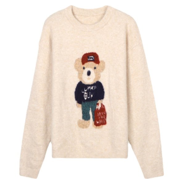 画像1: shopping bear braid crew neck round neck sweater　ユニセックス男女兼用 ショッピングベア熊編み込み丸首クールネックラウンドネックセーター (1)