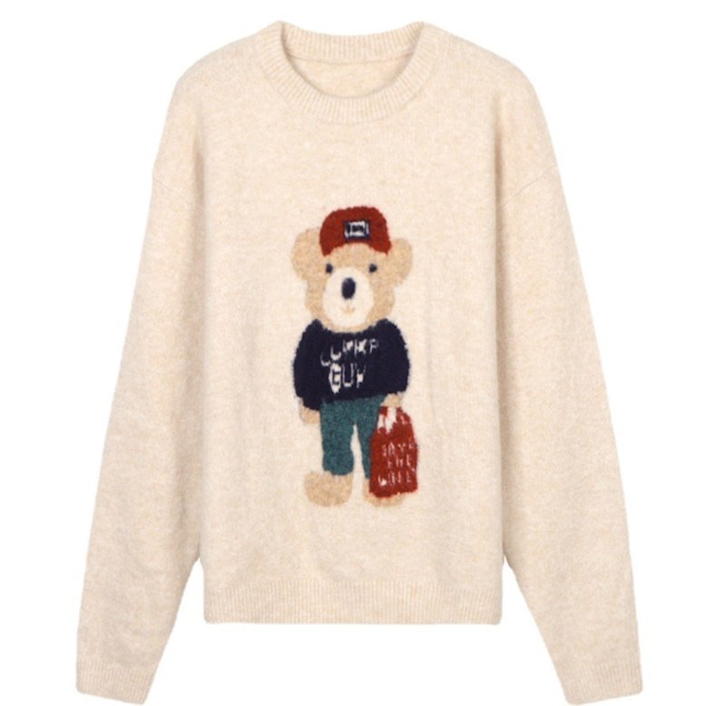 画像1: shopping bear braid crew neck round neck sweater　ユニセックス男女兼用 ショッピングベア熊編み込み丸首クールネックラウンドネックセーター (1)