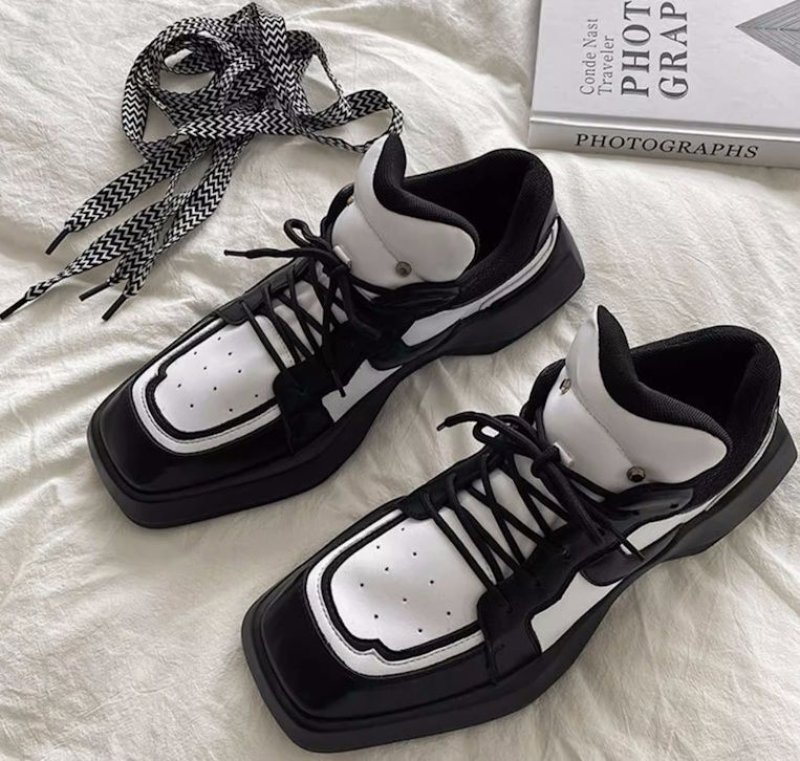 画像8: black and white bicolor Platform lace-up leather sneakers Shoes  ユニセックス 男女兼用バイカラーブラック&ホワイトレザーレースアップスニーカー (8)