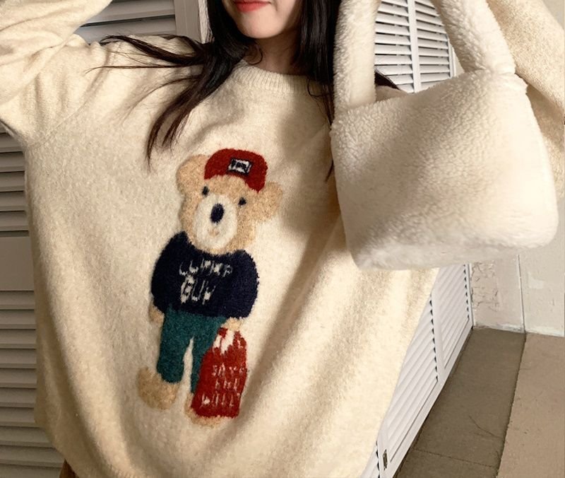 画像9: shopping bear braid crew neck round neck sweater ユニセックス男女兼用 ショッピングベア熊編み込み丸首クールネックラウンドネックセーター (9)