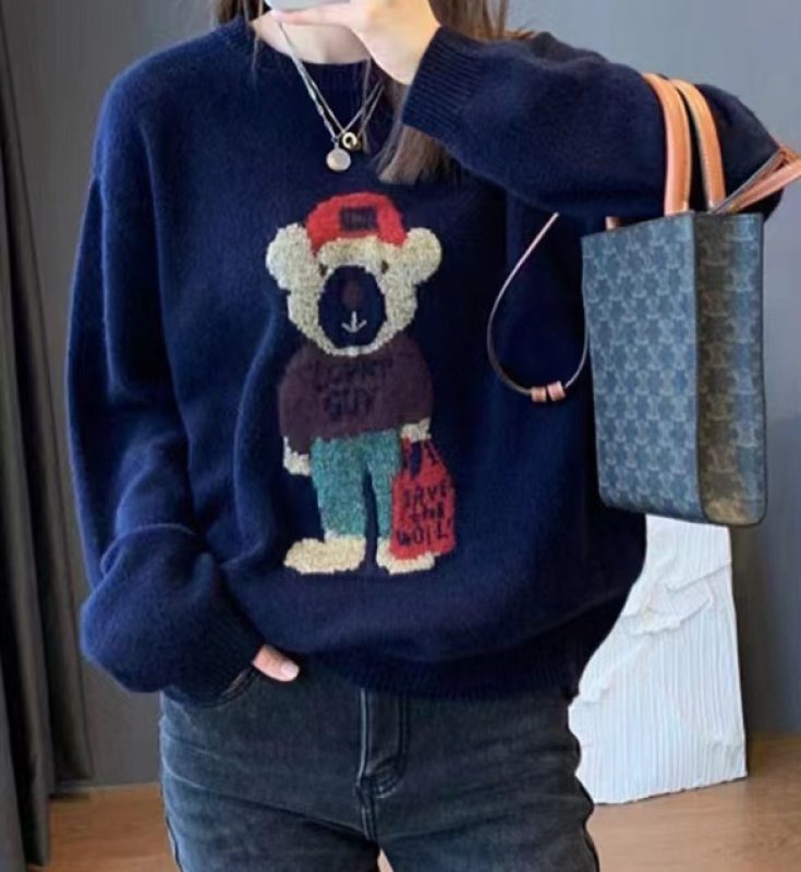 画像7: shopping bear braid crew neck round neck sweater ユニセックス男女兼用 ショッピングベア熊編み込み丸首クールネックラウンドネックセーター (7)