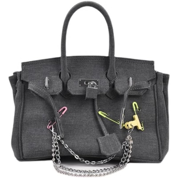 画像1: Denim with Pins Chain Birkin style tote bag ユニセックス デニム ピン チェーン パンク スタイル ハンドバッグ トートバッグ (1)