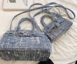 画像2: Denim Tweed with Pins Chain Birkin style tote bag ユニセックス デニム ツイード ピン チェーン パンク スタイル ハンドバッグ トートバッグ (2)