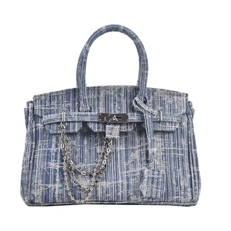 画像1: Denim Tweed with Pins Chain Birkin style tote bag ユニセックス デニム ツイード ピン チェーン パンク スタイル ハンドバッグ トートバッグ (1)