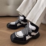 画像7: black and white bicolor Platform lace-up leather sneakers Shoes  ユニセックス 男女兼用バイカラーブラック＆ホワイトレザーレースアップスニーカー (7)