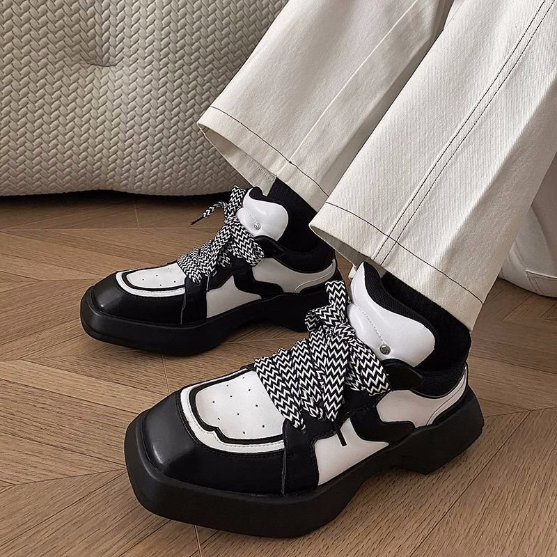 画像7: black and white bicolor Platform lace-up leather sneakers Shoes  ユニセックス 男女兼用バイカラーブラック&ホワイトレザーレースアップスニーカー (7)