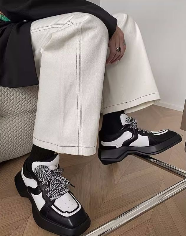 画像5: black and white bicolor Platform lace-up leather sneakers Shoes  ユニセックス 男女兼用バイカラーブラック&ホワイトレザーレースアップスニーカー (5)