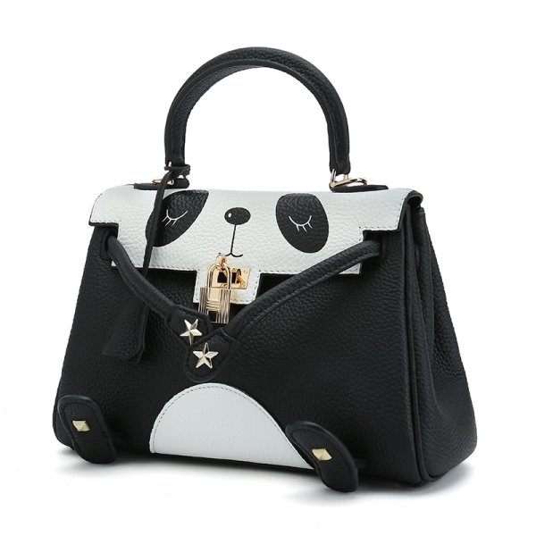 画像1: Real Leather Panda Kelly style Hand Bag with strap リアルレザー 本革 本皮 パンダ ケリースタイル ハンドバッグ ショルダーストラップ付 (1)