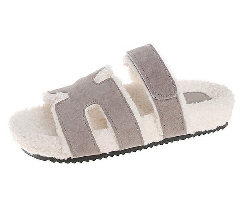 画像8: fashionable soft-soled H slippers plush slippers Sandals  ファーモコモコHベルトサンダルスリッパ (8)