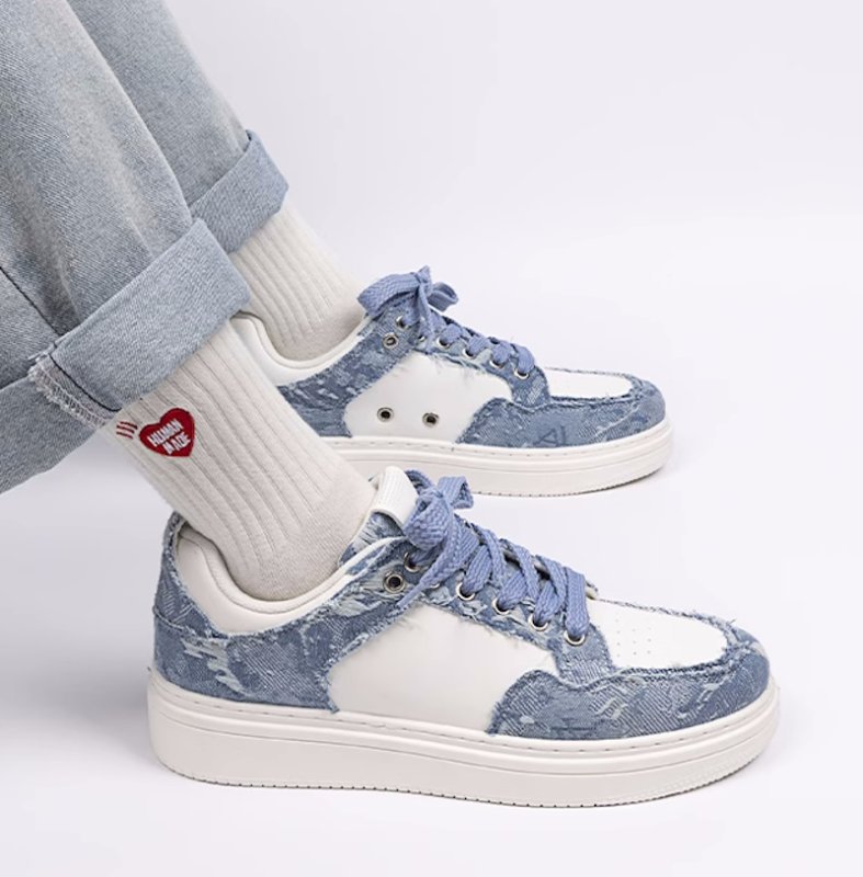 画像6: Unisex Distressed denim & leather Lace Up Sneakers  Shoes  ユニセックス 男女兼用ダメージデニム＆レザーレースアップスニーカー (6)