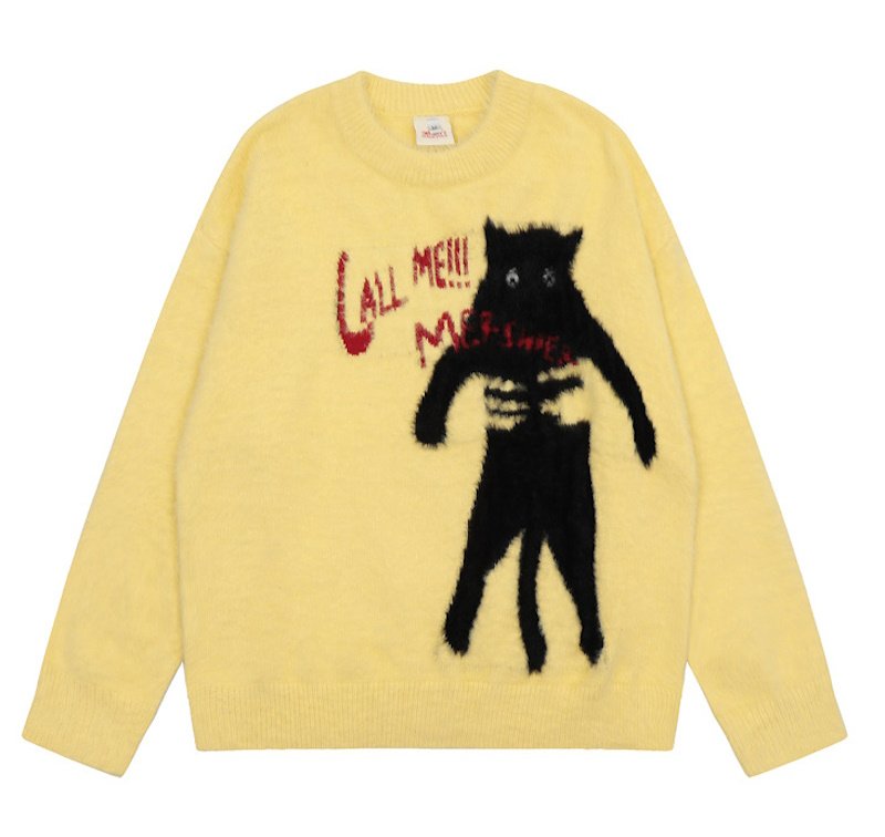 画像2: cat knit pullover sweater round neck sweater 　ユニセックス男女兼用キャット猫編み込み丸首クールネックラウンドネックセーター (2)