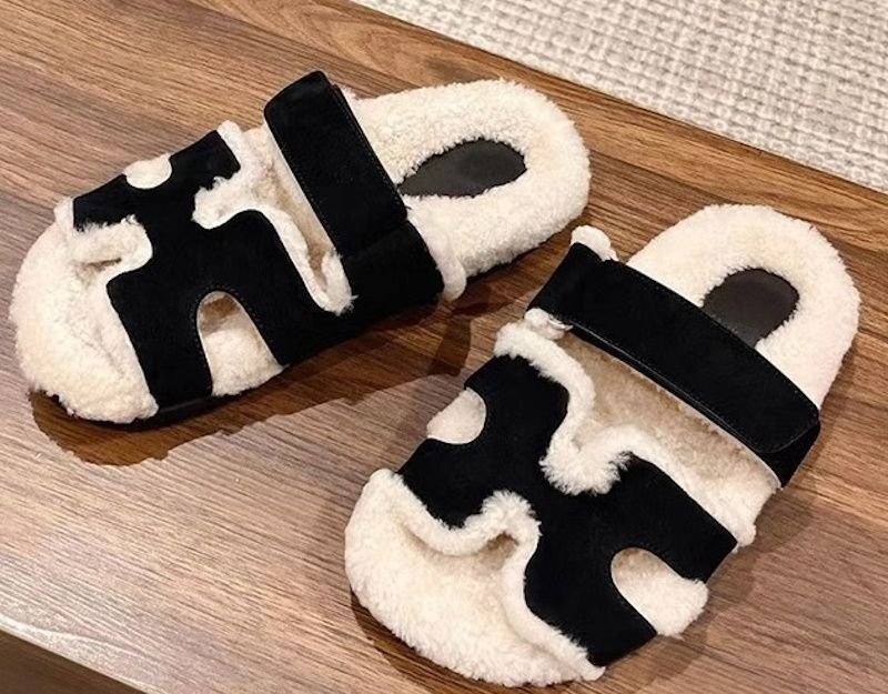 画像9: fashionable soft-soled H slippers plush slippers Sandals  ファーモコモコHベルトサンダルスリッパ (9)