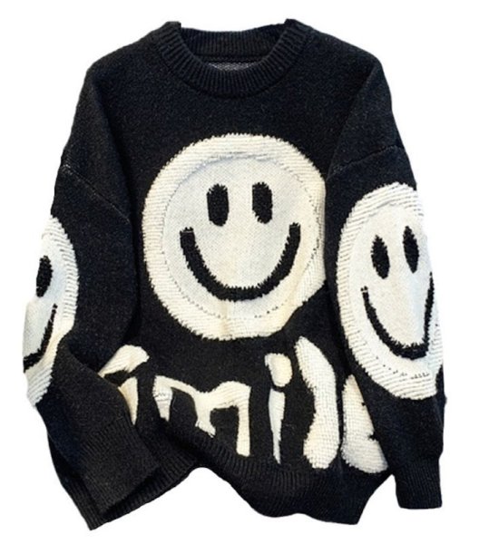 画像1: smile knit round neck sweater 　ユニセックス男女兼用スマイル編み込み丸首クールネックラウンドネックセーター (1)