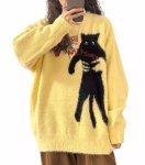 画像5: cat knit pullover sweater round neck sweater 　ユニセックス男女兼用キャット猫編み込み丸首クールネックラウンドネックセーター (5)